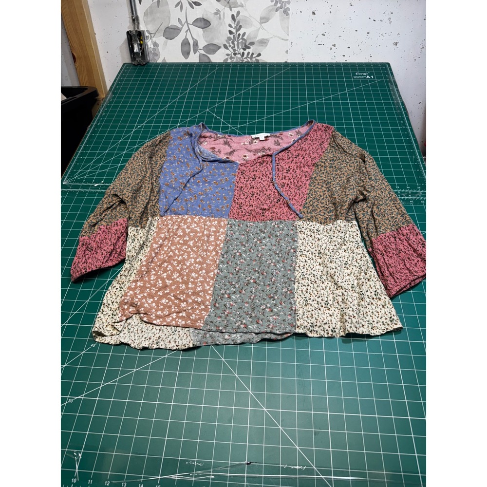 Grace & Lace Patchwork Floral Boho Blouse Multicolor 3/4 Sleeve XL